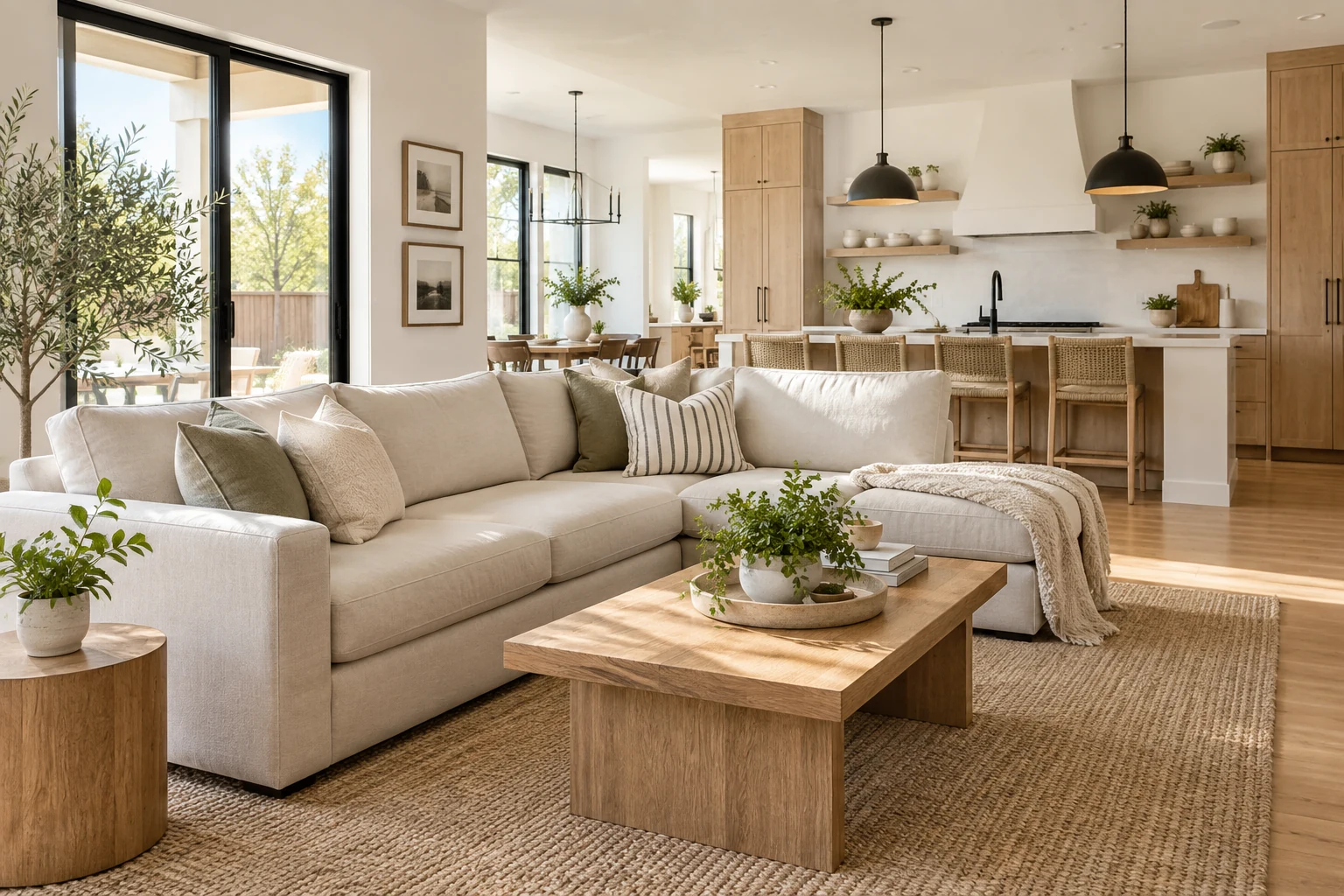 Sunlit living room and kitchen with clean, welcoming surfaces